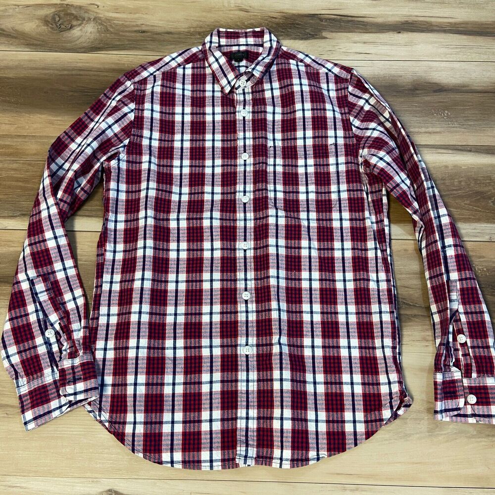 J Crew‎ Shirt Mens Small Red White Blue Plaid Twill Button Up Long Sleeve
